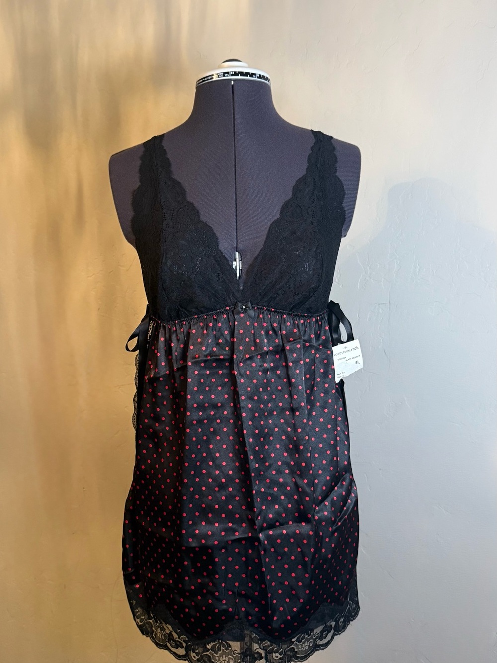 Black Lace & Red Dot Satin Chemise with Lace Trim